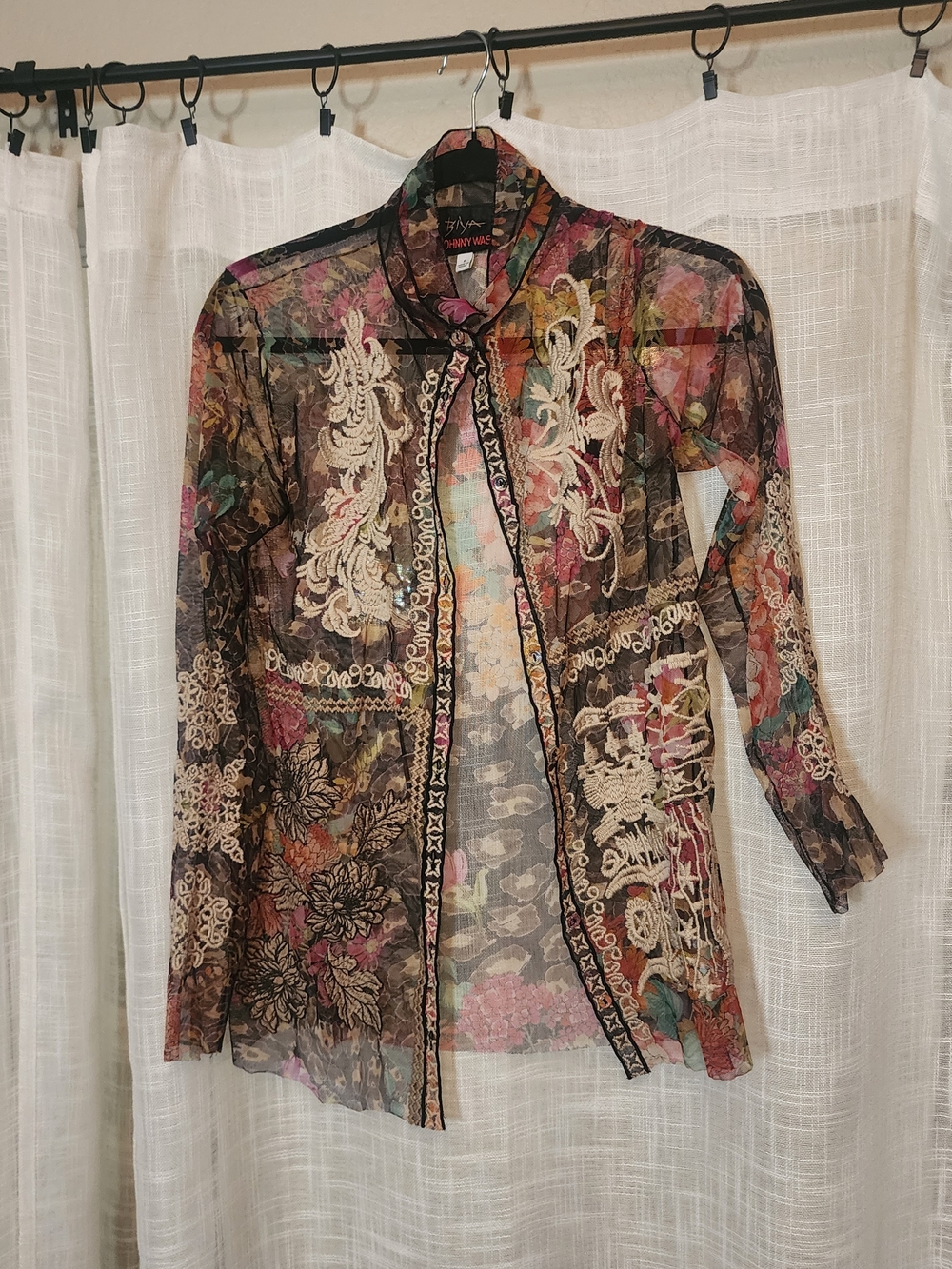 Sheer Floral Embroidered button Down Blouse
